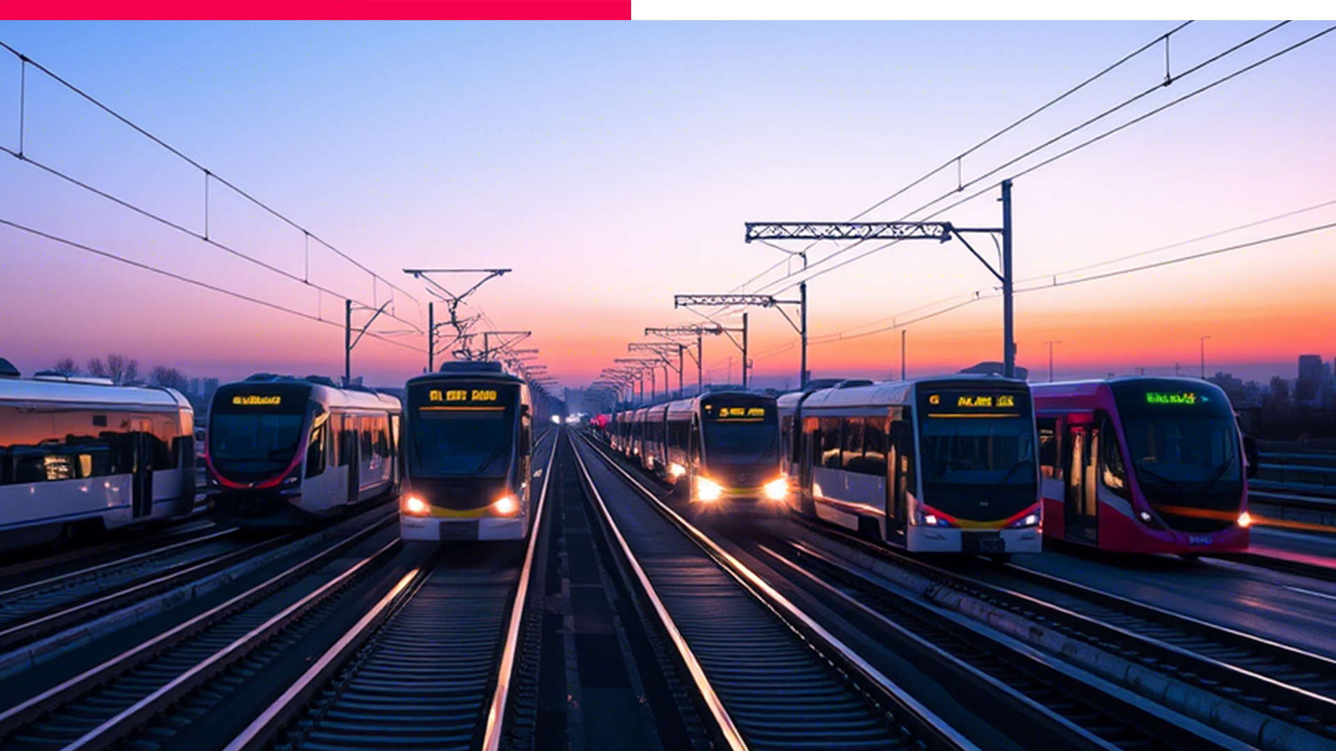 A modern railway network at sunrise, with multiple commuter trains aligned on parallel tracks, symbolizing smart mobility and integrated transport systems.