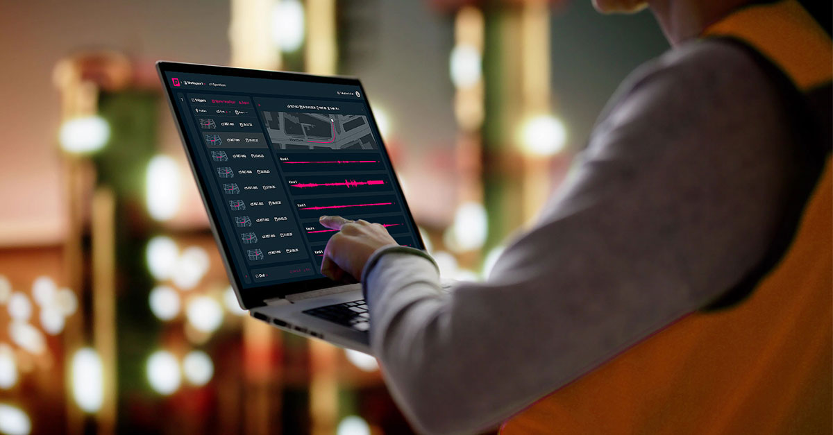 Technicians in safety gear inspecting train components with a tablet, while an advanced user interface displays real-time diagnostic data and system flow for predictive maintenance.