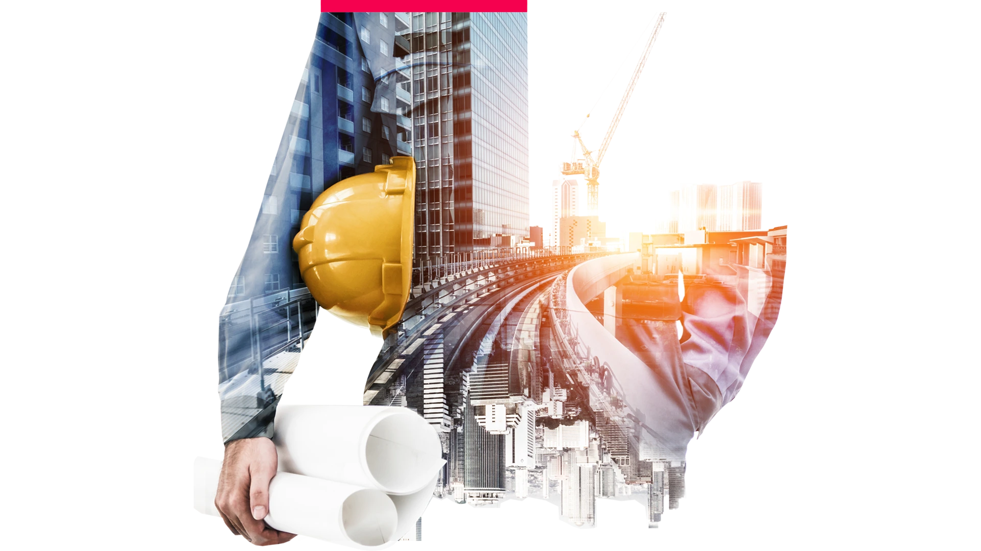 Ingenieur mit Bauplaenen vor Stadt-Overlay – Symbol fuer intelligente Mobilitaetsloesungen.