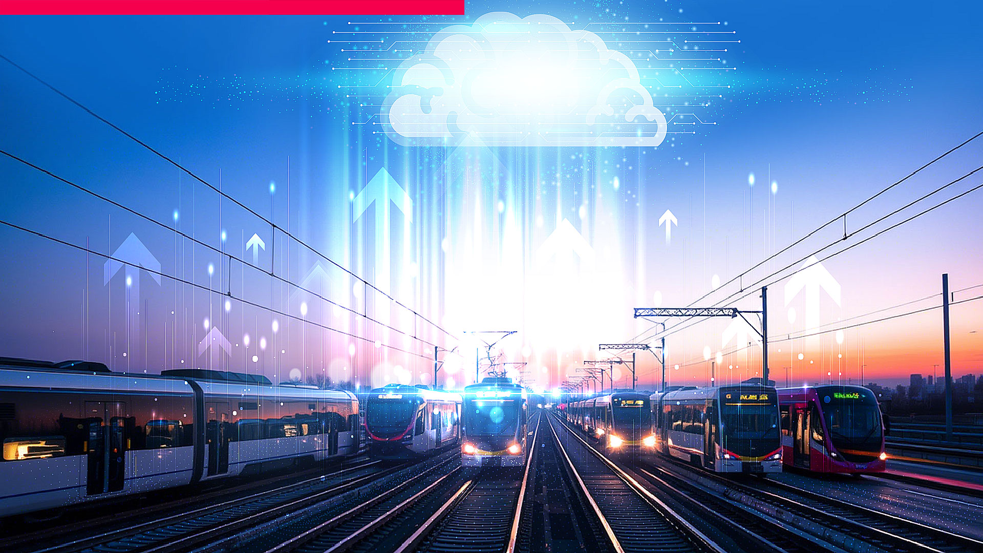 A modern railway network at sunrise, with multiple commuter trains aligned on parallel tracks, symbolizing smart mobility and integrated transport systems.