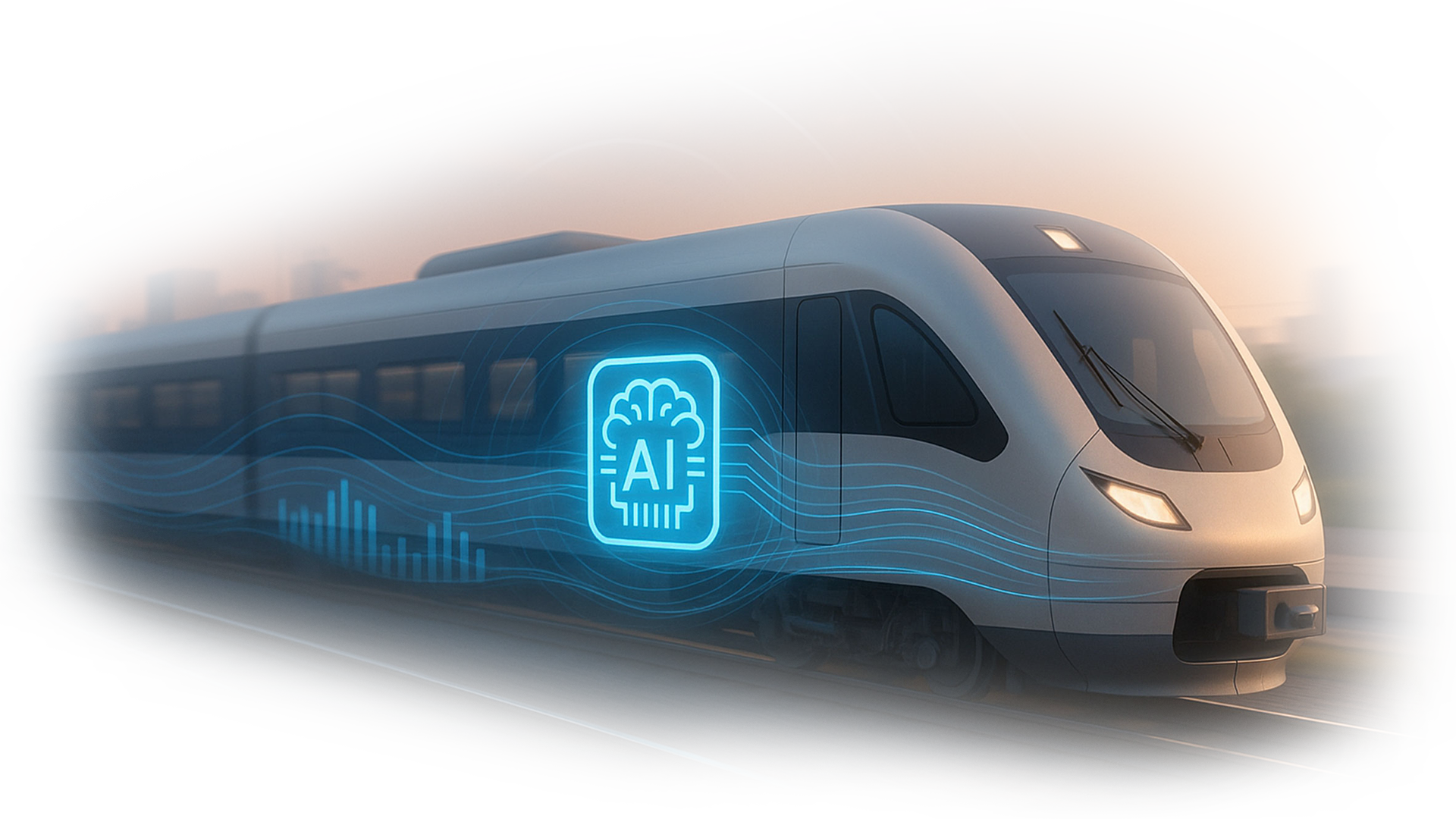 Modern train equipped with onboard AI edge computing system, visualized by glowing data streams and an AI chip symbol on the train’s side, set against a sunset cityscape.